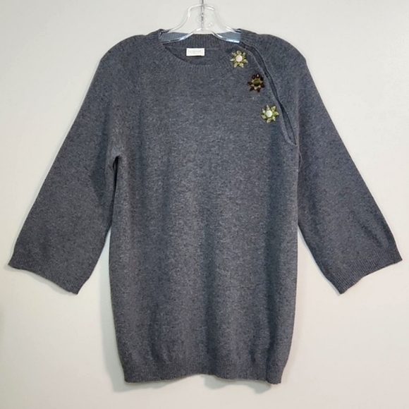 Valentino Grey Wool Sweater W/ Crystal Flower Embellishments, Size L ~ Like New - Picture 4 of 13